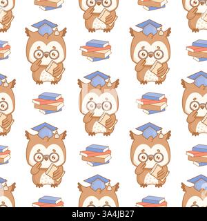 Motif sans couture. Chouette mignon avec chapeau de graduation et lunettes et livres sur fond blanc. Toile de fond adorable personnage d'oiseau kawaii de dessin animé. Vecteur illu Illustration de Vecteur