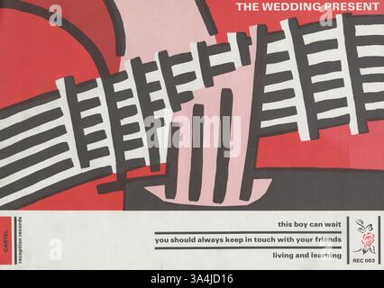 Le cadeau de mariage – ce garçon peut attendre. Documents de réception REC 003/12, publiés en juillet 1986. Il s'agit d'une affiche promotionnelle A3 avec une partie de la pochette de disque en rouge et noir sur blanc. The Wedding present, formé à Leeds, en Angleterre, en 1984. Le seul membre constant de l'histoire du groupe est le chanteur/compositeur David Gedge. Couverture et poster design par Hitch qui a fait toutes les bandes excellentes manches. Banque D'Images
