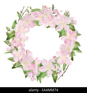 Une couronne de fleurs roses printanières et de brindilles de saule. Illustration aquarelle en numérique. Fleurs de cerisier et pétales verts sur un cadre rond, isolé sur un Banque D'Images