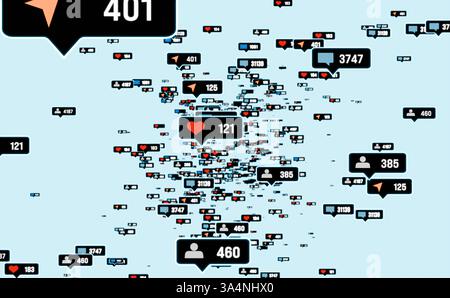 Icônes de médias sociaux. Icônes de médias sociaux comme cœur, likes, followers, partages, message, e-mail et commentaires à venir. Internet, application de médias sociaux, activités en ligne. Illustration 3D img social media006s01 likes and followers Banque D'Images