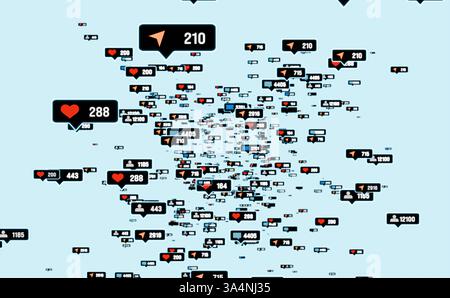 Icônes de médias sociaux comme cœur, likes, followers, partages, message, e-mail et commentaires à venir. Icônes de médias sociaux comme cœur, likes, followers, partages, message, e-mail et commentaires à venir. Internet, application de médias sociaux, activités en ligne. Illustration 3D img social media006s03 likes and followers Banque D'Images
