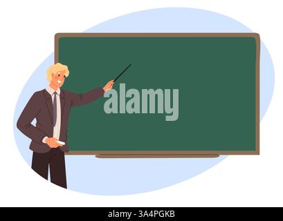 Professeur au tableau noir. Homme debout devant le tableau de classe. Professeur expliquant la leçon. Instructeur professionnel montrant au tableau de classe Illustration de Vecteur
