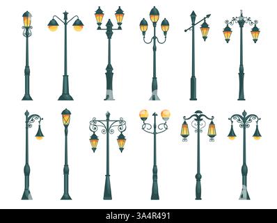 Lumières de ville. Lanternes décoratives rétro et modernes. Lampes électriques extérieures. Lampadaires vintage. Lampadaires gothiques. ECLAIRAGE classique Illustration de Vecteur
