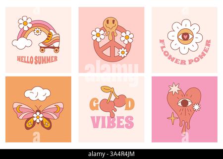 Cartes hippie rétro. Mini compositions paix et amour. Mignons éléments groovy. Objets psychédéliques Boho. style des années 60 et 70. Bonnes vibrations. Puissance des fleurs Illustration de Vecteur