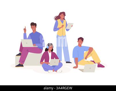 Jeunes utilisant un ordinateur portable pour le travail ou les études. Personnages féminins et masculins en posture de différence. Coworking, travail d'équipe, freelance, formation en ligne Illustration de Vecteur