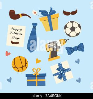 Heureux design de fête des pères avec des cadeaux, des articles de sport et des outils pour cartes et affiches. Illustration de Vecteur