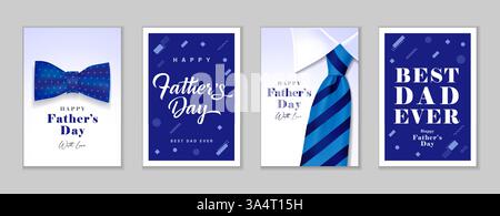 Ensemble de cartes de voeux créatives Happy Pathers Day 2025. Affiches calligraphiques de la fête des Pères avec noeud papillon, cravate pour hommes rayée et éléments memphis. Vecteur Illustration de Vecteur