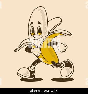 Personnage de mascotte de banane vintage dans la pose courante avec le visage heureux Illustration de Vecteur