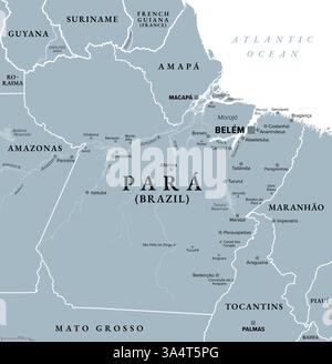 Para, un état au Brésil, carte politique grise, avec la capitale Belem. Traversé par la rivière Amazone. Banque D'Images