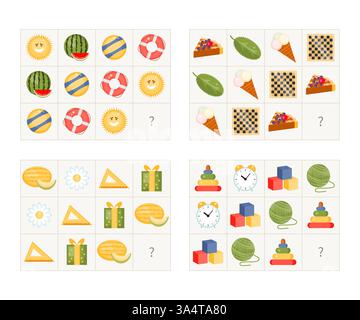 Trouvez les éléments manquants. Jeu de cartes avec jeu de logique pour les enfants. Illustration vectorielle Illustration de Vecteur