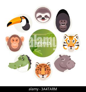 Ensemble d'animaux de bande dessinée de la forêt tropicale et de la jungle. Illustration vectorielle Illustration de Vecteur