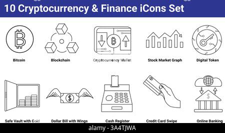 10 icônes crypto-monnaie et finance définies Illustration de Vecteur