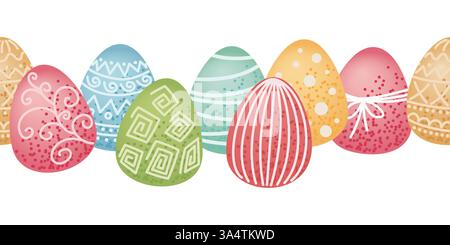 Oeufs de Pâques avec divers motifs décoratifs dans une rangée sans couture. Modèle de Pâques sans couture pour cadre ou bordure. Illustration vectorielle. Illustration de Vecteur