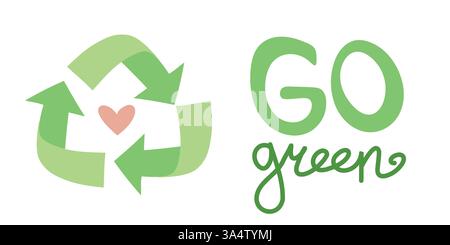 Texte vert avec flèches de recyclage et icône de cœur. Illustration propre soutenant la sensibilisation à l'environnement, les ressources renouvelables, le mode de vie vert et l'environnement Illustration de Vecteur