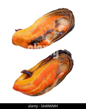 Vue de côté ensemble de deux moules vertes cuites dans la viande rouge sans coquille est isolé sur fond blanc avec chemin de découpage. Banque D'Images