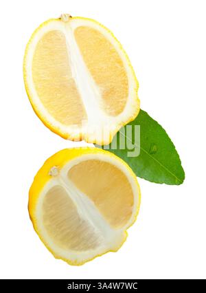 Vue de face de fruits de citron jaune mûr ou de tranches en deux ellipses ou moitiés ovales avec feuille verte est isolé sur fond blanc avec chemin de découpage. Banque D'Images