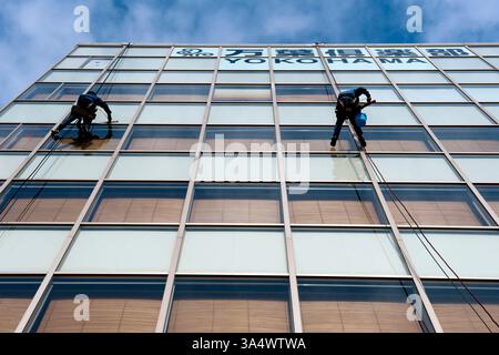 Deux lave-vitres pendants sur des cordes sur le côté d'un immeuble de bureaux à Yokohama, Japon défiant l'acrophobie. Banque D'Images