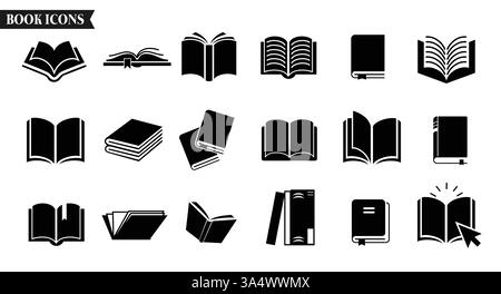 Icône de livres silhouette clipart set. Icônes de dessin de manuels scolaires clip art collection d'éléments de bibliothèque comme dictionnaire, roman, littérature et histoire Illustration de Vecteur