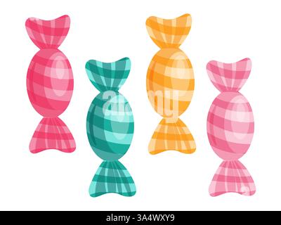 Un ensemble de bonbons colorés dans des emballages rayés, parfaits pour des motifs sucrés à thème, des produits pour enfants ou des invitations de fête. Illustration de Vecteur