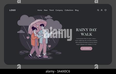 Premier concept d'amour. Un couple partage un moment intime sous un parapluie en marchant sous la pluie, incarnant la douceur et la joie de la jeune romance. L'ambiance reflète la chaleur et la connexion malgré un temps sombre. Illustration vectorielle. Illustration de Vecteur