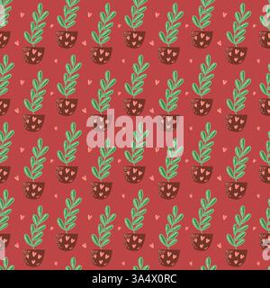 Motif sans couture de plantes en pot et de coeurs sur fond rouge vif Illustration de Vecteur