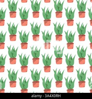 Motif sans couture de plantes vertes en pot avec des pots en terre cuite sur fond blanc Illustration de Vecteur
