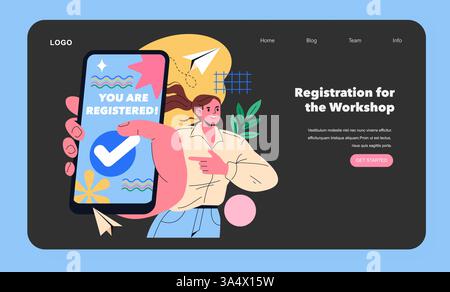 Inscription à un atelier sur une plateforme digitale. Une main tient un smartphone affichant un texte de confirmation. Des visuels attrayants créent une atmosphère accueillante pour les participants potentiels. Illustration vectorielle. Illustration de Vecteur