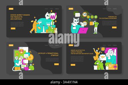 Illustration de la stratégie de marketing produit pour améliorer la demande du marché et l'expérience client. Se concentre sur les programmes de fidélisation et les stratégies promotionnelles pour un engagement efficace dans les affaires. Illustration vectorielle. Illustration de Vecteur