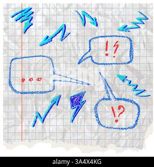 Morceau de page avec des bulles de parole de couleur bleue. Boîte de dialogue manuscrite Doodle texte écrit par crayon de cire rouge sur papier blanc dentelé avec grille carrée Illustration de Vecteur