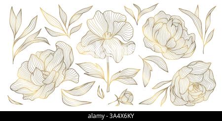 Ensemble vectoriel de lignes d'or japonaises, illustrations de fleurs chinoises. Peonies vintage art élégant, ornement de mariage, graphique botanique asiatique. Illustration de Vecteur
