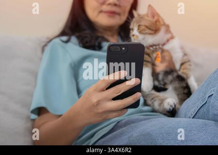 Heureuse femme mature est assise sur un canapé avec un chat mignon domestique sur ses genoux et un smartphone dans ses mains. Mise au point sélective. Banque D'Images