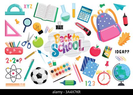 Ensemble de cliparts des éléments de retour à l'école. Fournitures scolaires colorées clip art dessinant des articles éducatifs comme le livre, la règle, les ciseaux, le sac et les crayons de couleur Illustration de Vecteur
