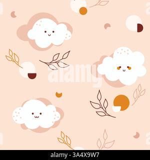 Modèle sans couture boho de pépinière avec nuage de kawaii laisse le coeur de lune. Illustration de Vecteur