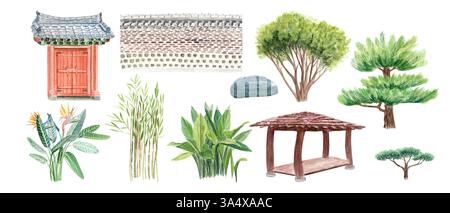 Portes de style asiatique, mur, pin, bambou, gazebo, plantes décoratives, set d'aquarelle strelitzia. Art dessiné à la main parfait pour les cartes, la conception de paysage Banque D'Images