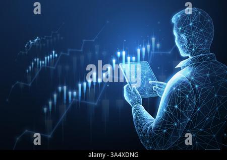Courtier trader analysant les graphiques de change et de marché boursier. Illustration de Vecteur