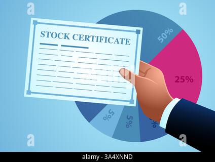 Main tenant un certificat d'actions, établi par rapport à un graphique de pourcentage circulaire, représentant le concept d'une offre publique initiale ou IPO Illustration de Vecteur