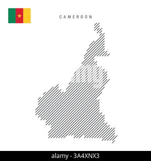 Carte du Cameroun à partir d'un motif de lignes parallèles inclinées noires. Carte camerounaise avec des lignes diagonales grises. Silhouette d'un pays faite d'éclosions obliques. Illustration de Vecteur