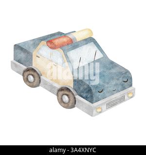 Voiture de police aquarelle. Illustration du transport rétro des enfants pour les garçons. Personnage dessiné à la main dans un style de dessin animé isolé pour des invitations de conception Banque D'Images