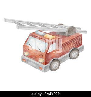 Transport de sauvetage joyeux de camion de pompiers pour enfants aquarelle de couleur rouge. Illustration dessinée à la main dans le style de bande dessinée pour les garçons, voiture isolée sur blanc Banque D'Images