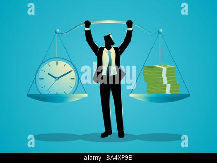 Homme d'affaires se tient confiant, équilibrant une balance avec de l'argent d'un côté et une horloge de l'autre. Représente le compromis entre le temps et la richesse an Illustration de Vecteur
