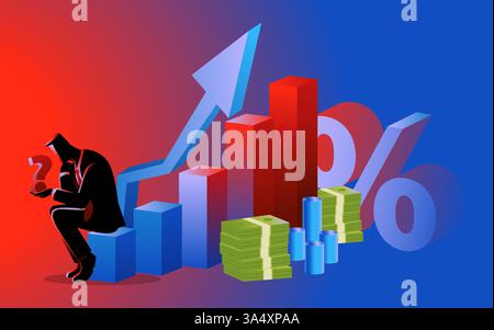 Homme d'affaires assis sur un graphique croissant, tenant un symbole de point d'interrogation. Concepts de croissance financière, décisions d'investissement, incertitude du marché. Illustration de Vecteur