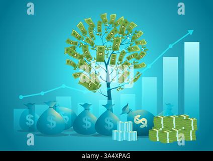 Graphique croissant avec des piles d'argent, des sacs d'argent, et un arbre d'argent florissant en arrière-plan. Croissance financière, succès des investissements. Illustration de Vecteur