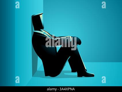 Silhouette vectorielle d'un homme d'affaires assis contre un mur dans une pièce sombre et bleue, véhiculant l'épuisement, le stress, l'épuisement professionnel. Illustration de Vecteur
