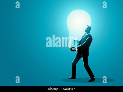 Homme d'affaires tenant une ampoule géante, symbolisant la créativité, l'innovation et les idées révolutionnaires. Idéal pour le leadership, la résolution de problèmes. Illustration de Vecteur