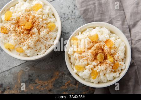 Pudding au riz au lait classique avec cannelle et raisins secs dorés sur le dessus gros plan dans Ramekin sur la table. Vue horizontale de dessus Banque D'Images
