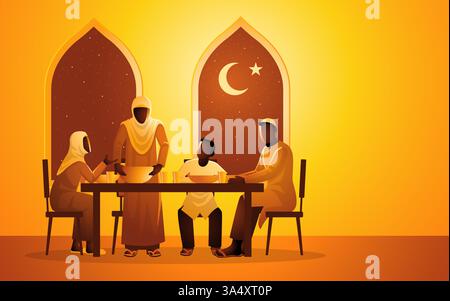 Famille musulmane profitant de l'iftar ensemble, habillé en tenue traditionnelle. Les fenêtres cintrées révèlent un ciel nocturne avec un croissant de lune et une étoile. Thème du Ramadan Illustration de Vecteur