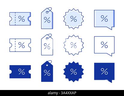 Ensemble d'icônes de réduction avec pourcentage dans un style différent. Coupon, étiquette d'achat, bulle de discours. Illustration vectorielle Illustration de Vecteur