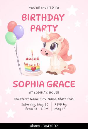 Invitation d'anniversaire mignonne à la licorne avec ballons et gâteau Illustration de Vecteur
