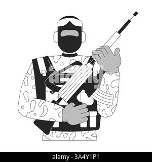 Soldat armé en camouflage uniforme 2D line caractère Illustration de Vecteur