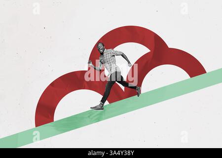 Modèle d'illustration de tendance conception de collage esquisse 3D de travail entrepreneur profession emploi jeune homme africain course heureux sourire Walk but Banque D'Images